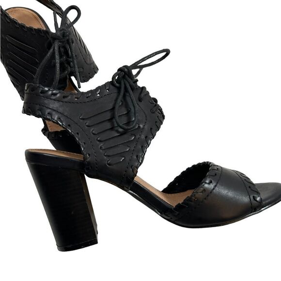 Restricted Faux Leather Black Woven Sandals Block Heels Tie Laces Pumps Summer - Picture 2 of 9